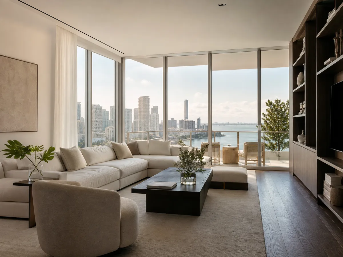 Imagen conceptual de un interior contemporáneo con vista a Miami; no representa una propiedad específica del inventario